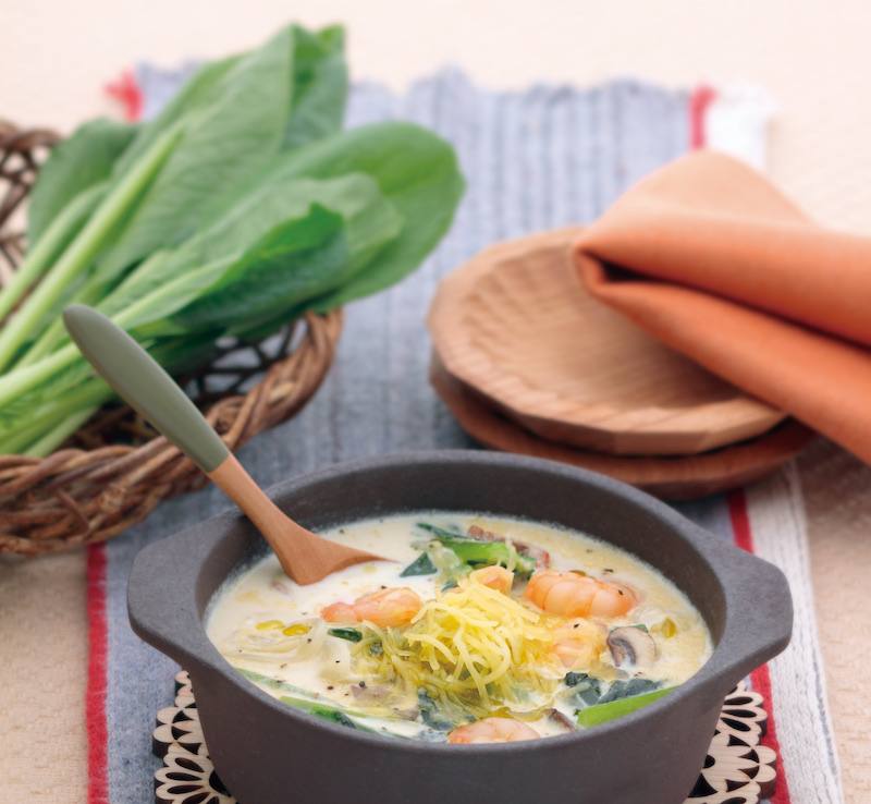 小松菜とエビの豆乳スープ